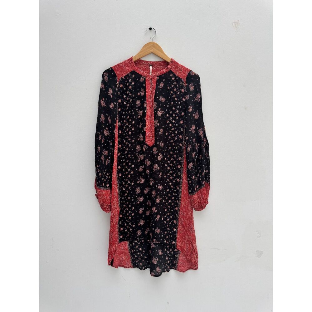 Free People Boho Floral Colorblock Mini Dress Black Rust Size M
